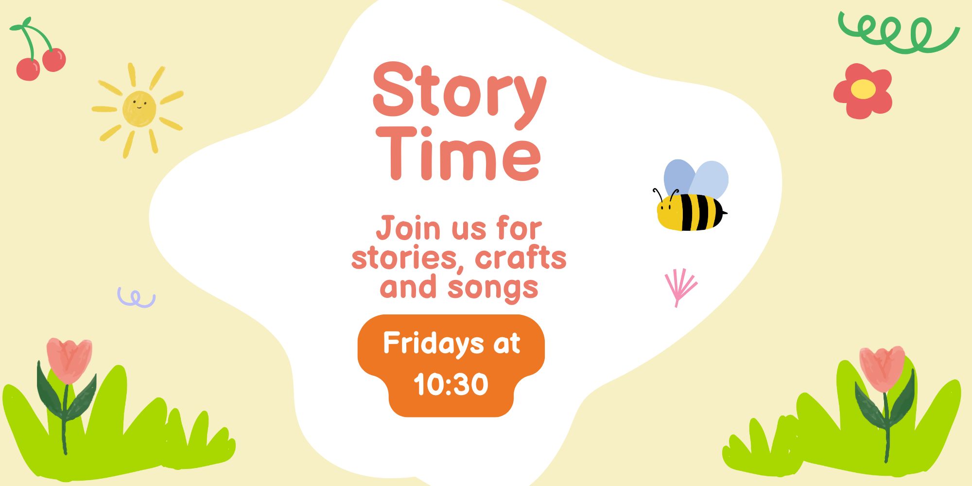 Pale yellow background with flowers, a bumble bee, and orange text on a white background.