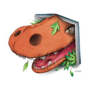 Illustration of a dinosaur's head resembling an open book with leaves around it.