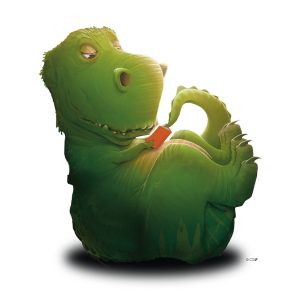 A green dinosaur holding an orange book with a focused expression.