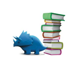 A cartoon blue triceratops beside a stack of colorful books.