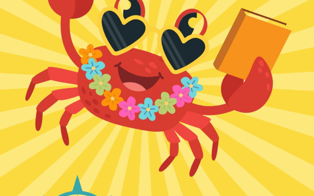 Cartoon crab with sunglasses and a book, on a yellow sunbeam background. Text: "Countdown to Summer! Explore More Passport Program Starts June 1!"